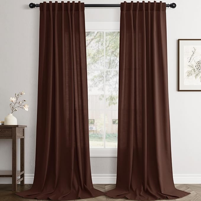 Jowels Rustic Brown Linen Curtains 84 Inch Long 2 Panels for Living Room | Light Filtering Semi Sheer Curtain, Back Tab Pocket Pleated Look, Boho Farmhouse Textured Privacy Drapes for Bedroom Window