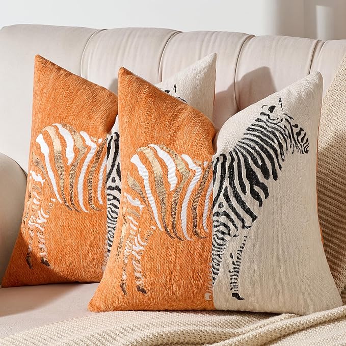 AmHoo Set of 2 Throw Pillow Covers Zebra Chenille Patchwork Decorative Pillows Cover Pillowcase for Sofa Couch Bed 18 x 18-Inch Orange