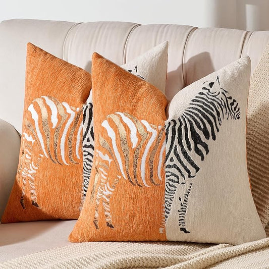 AmHoo Set of 2 Throw Pillow Covers Zebra Chenille Patchwork Decorative Pillows Cover Pillowcase for Sofa Couch Bed 18 x 18-Inch Orange