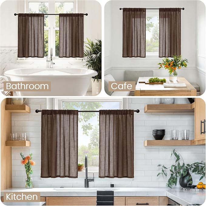 BGment Brown Linen Kitchen Curtains 40 Inch Length, Small Semi Sheer Drapes Textured for Cafe Window Over Sink Bathroom Decor Lightweight Rod Pocket, 2 Panels Set, Each 30 Inch Wide