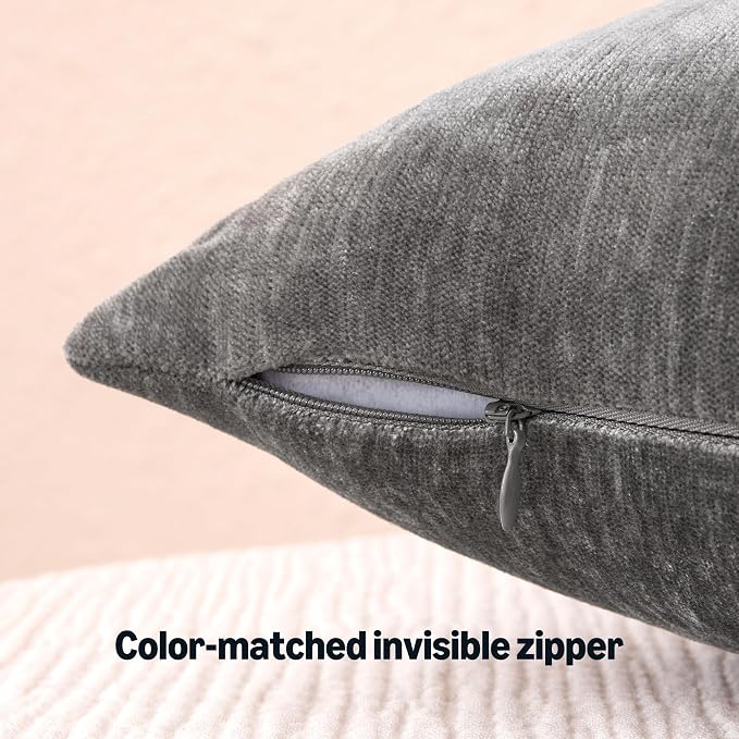 Amazon Basics Chenille Throw Pillow Covers, Home Decor Cushion Cover for Bedroom Living Room Couch Bed, 18" W × 18" L, Dark Gray