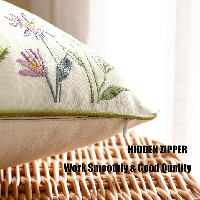 Embroidered Throw Pillow Covers 12x20 Pack of 2 Birds and Flowers | Durable Fabric,Square Pillow Cover,Boho Decorative,Hidden Zipper,Aesthetic Design,Ideal Gift,Machine Washable
