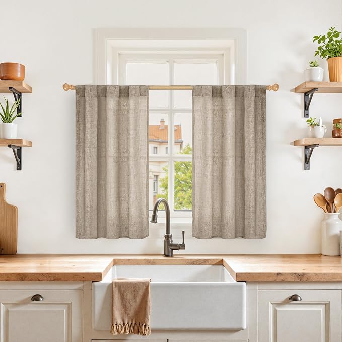 YoungsTex Small Linen Curtains 36 Inch Length for Kitchen Window Over Sink | Cafe Drapes Semi Sheer with Rod Pocket Back Tab Light Filtering for Bathroom Window, Dark Oatmeal, 2 Panels, 30 X 36 Inch