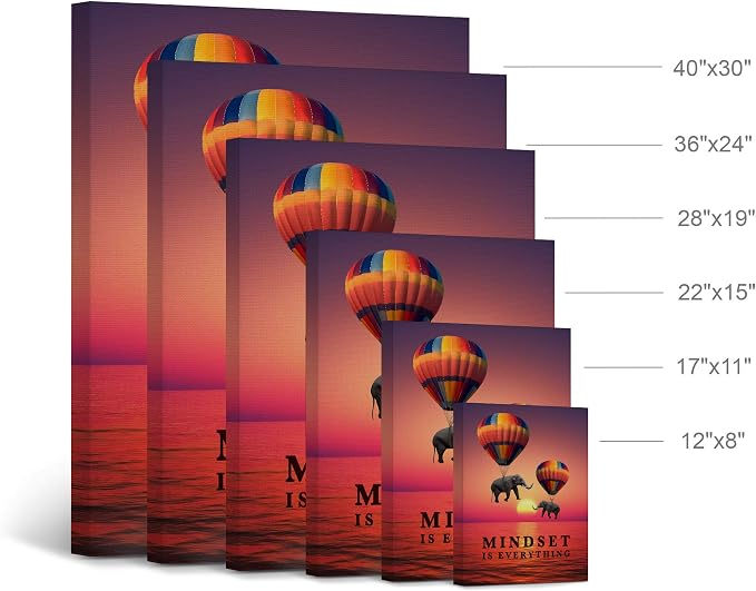 Smile Art Design Mindset is Everything Elephant with Balloon Sunset View Motivational Wall Art Canvas Print Inspirational Entrepreneur Quote Modern Office Decor Artwork Gift Ready to Hang 12x8