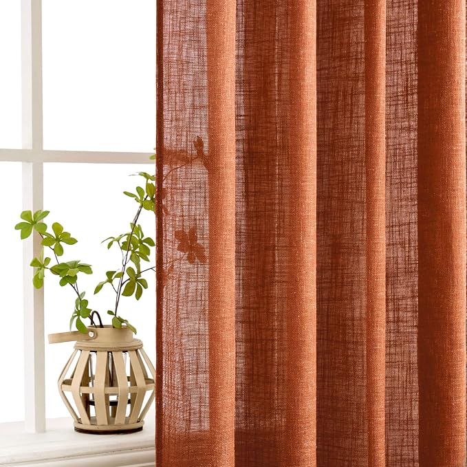 MIULEE Rust Fall Linen Curtains 52x90 Inch 2 Panels for Bedroom Living Room | Terracotta Soft Thick Linen Textured Window Drapes, Semi Sheer Light Filtering, Back Tab Rod Pocket, Burlap Look Fall Decor