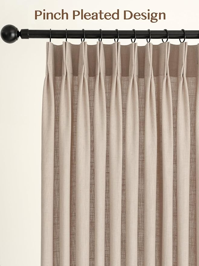 Liz Pinch Pleated Linen Curtains Light Filtering Curtains for Living Room, Farmhouse Window Curtains for Bedroom, Modern Drapes with Hooks and Rings, 108 Inches Long, Tapioca, 2 Panels Set
