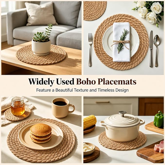 13.8 Inch Round Woven Placemats Set of 8, Rattan Chargers for Dinner Plates, Rattan Wicker Table Mats Jute Braided, Boho Farmhouse Rustic Braided Place Mats for Kitchen Dining Party Decor