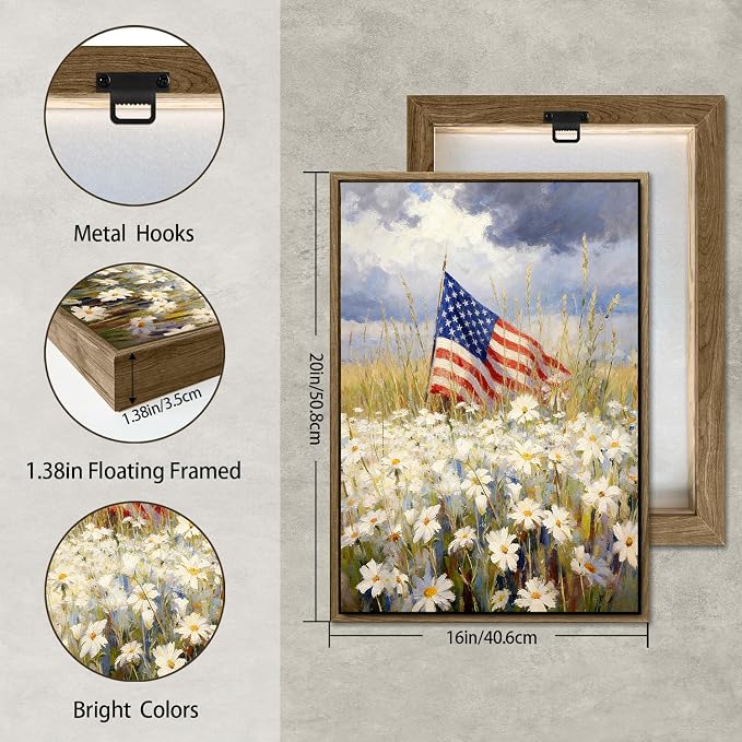 American Flag Framed Canvas Wall Art, 4th of July Patriotic Canvas Prints | Wildflower Landscape Poster Print, Vintage Rustic Independence Day Wall Decor for Bedroom Living Room Office 16×20in