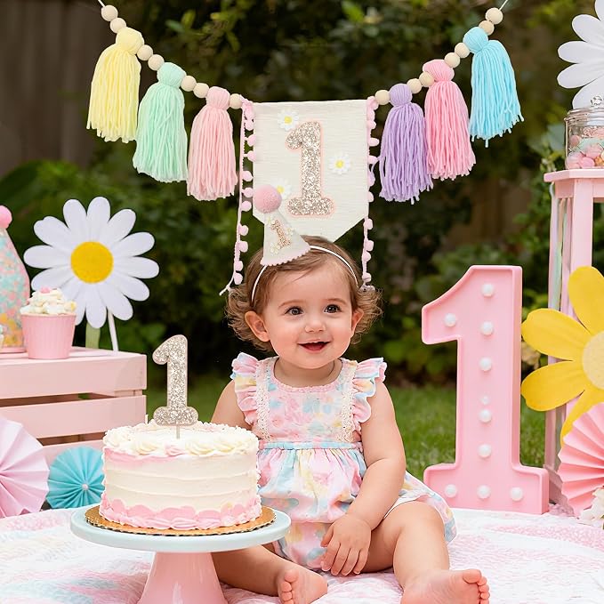 JUIIZAY Pastel First Birthday Decorations for Girl 1st High Chair Banner
