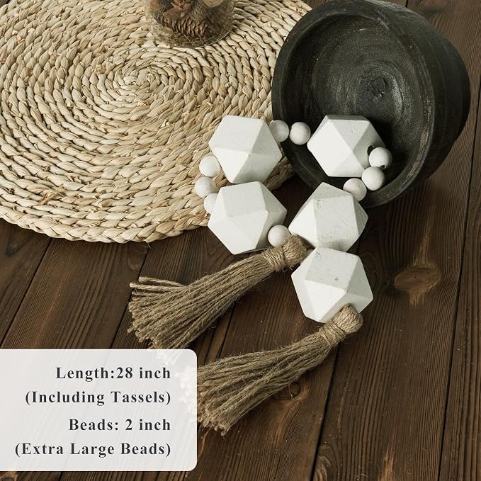 2" Octagonal Extra Large Wood Bead Garland with Tassels, 28" Long Rustic Farmhouse Wooden Beads Garland, Decorative Beads Boho Decorations for Home Table Mantle White
