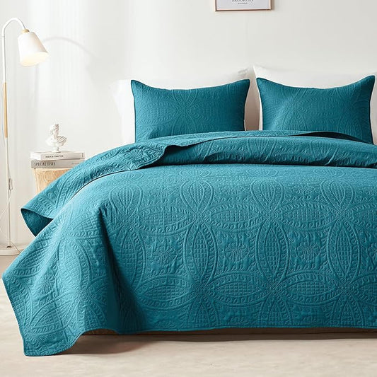 akkialla Teal King/Cal King Quilt Set, Ultrasonic Lightweight Bedspread Coverlet for Modern Minimalist Bedroom, Soft Microfiber Coin Pattern Bedding, 3-Piece (1 Quilt, 2 Pillow Shams) | Breathable fabric
