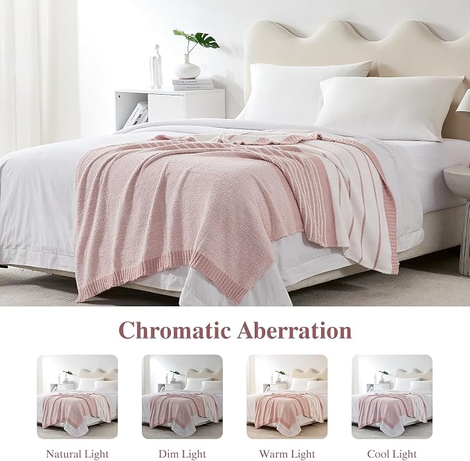 Soft Striped Throw Blanket for Couch, Cozy Warm Knitted Blankets | Lightweight Fuzzy Travel Warm Decor for Women, Mom, Girls, Sofa, Chair, 50x60in, Pink White