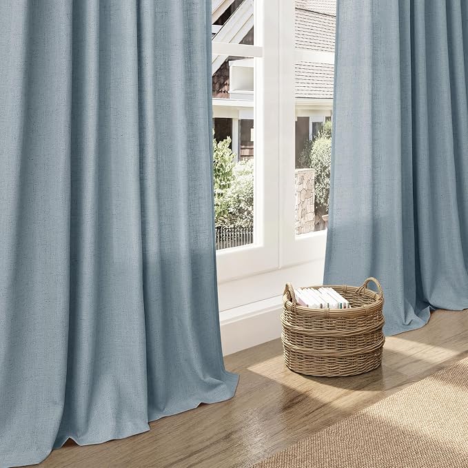Light Blue Linen Curtains 72 Inch Length for Living Room Semi Sheer Light Filtering Door Drapes 2 Panels Set for Kids Bedroom Light Filtering Back Tab Rod Pocket Modern Farmhouse Decor 52x72