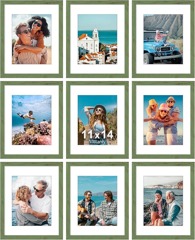 Vittanly 11x14 Picture Frames Set of 9 for Wall Mounting, Rustic Green | Display Pictures 8x10 with Mat or 11x14 without Mat, Engineered Wood with Shatter Resistant Plexiglass, Gallery Photo Frames