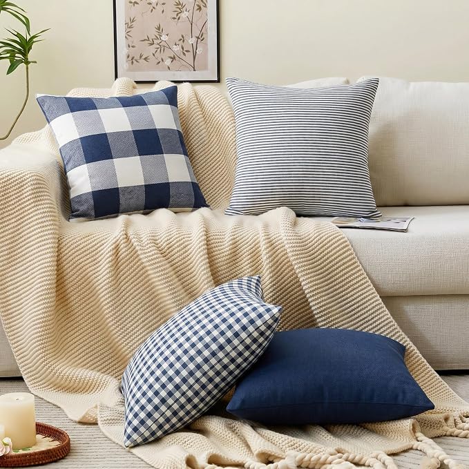 CARRIE HOME Navy Blue Plaid Outdoor Throw Pillow Covers 18x18 Set of 2 Blue and White Gingham Pillow Covers Farmhouse Decor for Bedroom and Christmas Holiday