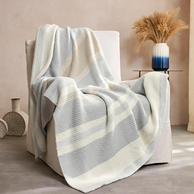 Soft Striped Throw Blanket for Couch, Cozy Warm Knitted Blankets | Lightweight Fuzzy Travel Warm Decor for Women, Mom, Girls, Sofa, Chair, 50x60in, Grey Khaki