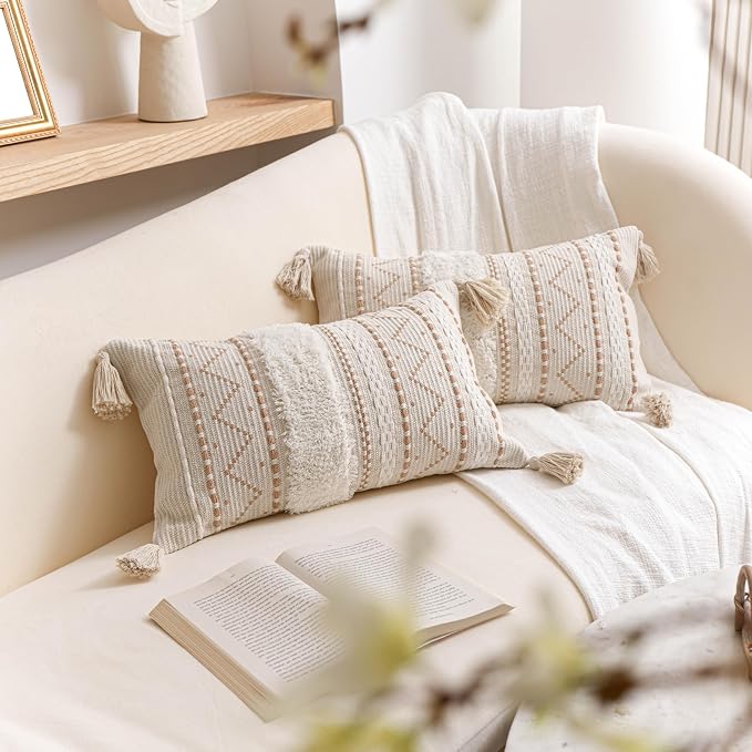 BlissBlush Decorative Lumbar Throw Pillow Covers 12x20 Combo Set of 2 Cream Neutral Rectangular Boho Accent Pillowcase Farmhouse Cushion for Couch Sofa Bedroom Living Home Décor Cover ONLY
