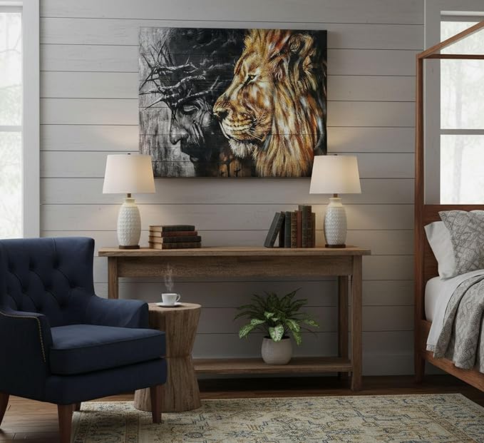 Jesus and Lion Canvas Wall Art for Living Room Bedroom Office Home Decor | Judah and Lion Cathedral Black and White Religious Christianity Picture Wall Decor Poster Print