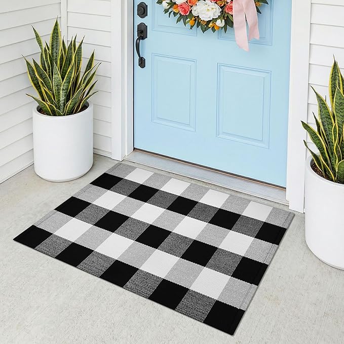 KOZYFLY Buffalo Plaid Area Rugs 2x3 Ft Black and White Checkered Rug Washable Front Door Mat Hand Woven Cotton Outdoor Rug Small Rug for Front Porch Kitchen Entryway Patio Bathroom | Washable Front Door Mat, Woven Cotton Outdoor Rug, Indoor Small Rug f...