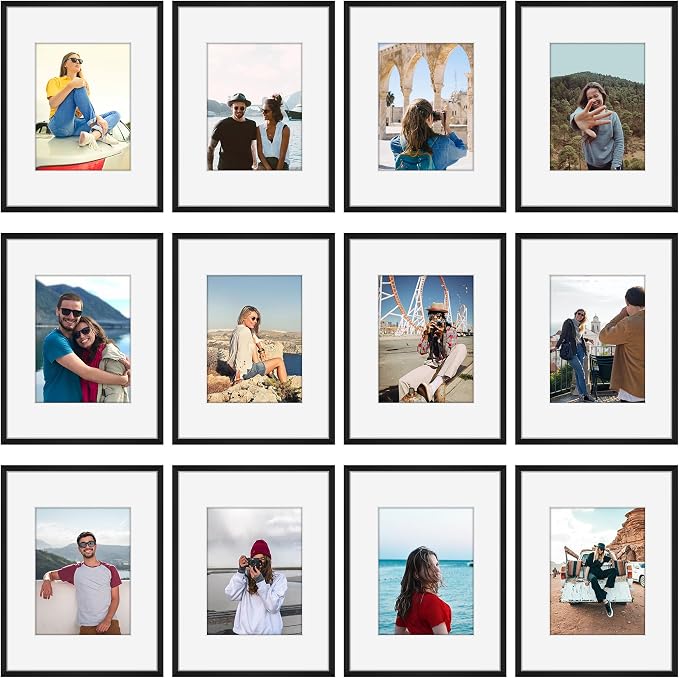 Frametory 12 Pack 9x12 Aluminum Frame with Mat for 6x8 Photo, Black