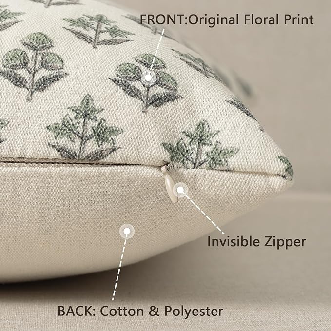 YCOLL Farmhouse Floral Pillow Covers 18x18 Set of 2, Rustic Country Decorative Cushion Covers Vintage Throw Pillow Covers for Sofa Couch Bed Living Room Home Decor, Sage Green