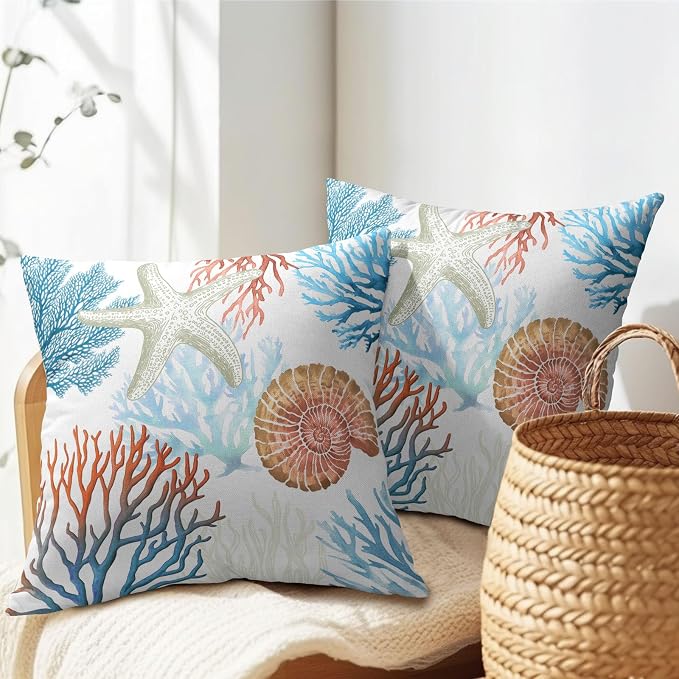 Kawani Coastal Pillow Covers 18x18 Inch Beach Theme Starfish Coral Seashell Outdoor Decorative Throw Pillows Set of 2 Nautical Ocean Blue Pillowcases for Couch Home Decor