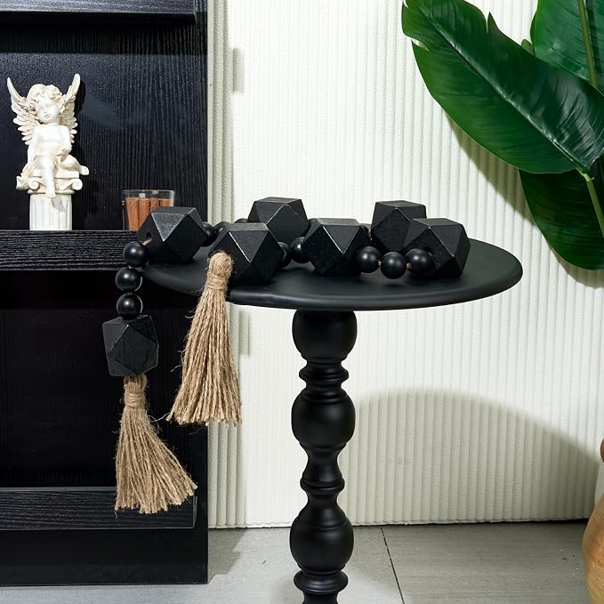 2" Octagonal Extra Large Wood Bead Garland with Tassels, 42" Long Rustic Farmhouse Wooden Beads Garland with Tassels, Decorative Beads Boho Decorations for Home Table Mantle Black