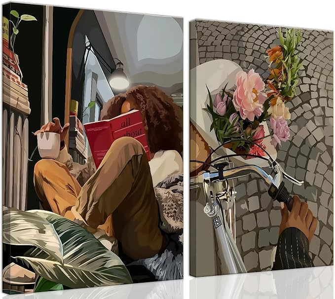 Modern African American Women Wall Art Set of 2,Cozy Reading & Bike Ride with Flowers Painting Canvas Prints,black woman Vintage Aesthetic Poster for Living Room, Bedroom, Office， Framed 12X16in