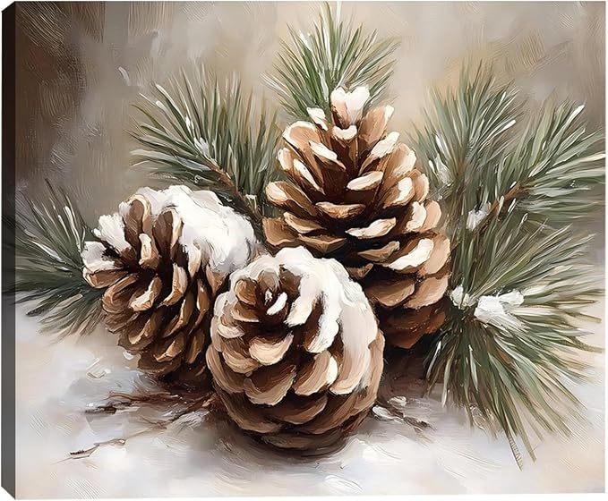 Framed Christmas Wall Decor for Living Room 16x24inch, Vintage Pinecone Still Life Canvas Print, Rustic Winter Snow Scene Pictures Artwork, Farmhouse Season Wall Art for Home Decor