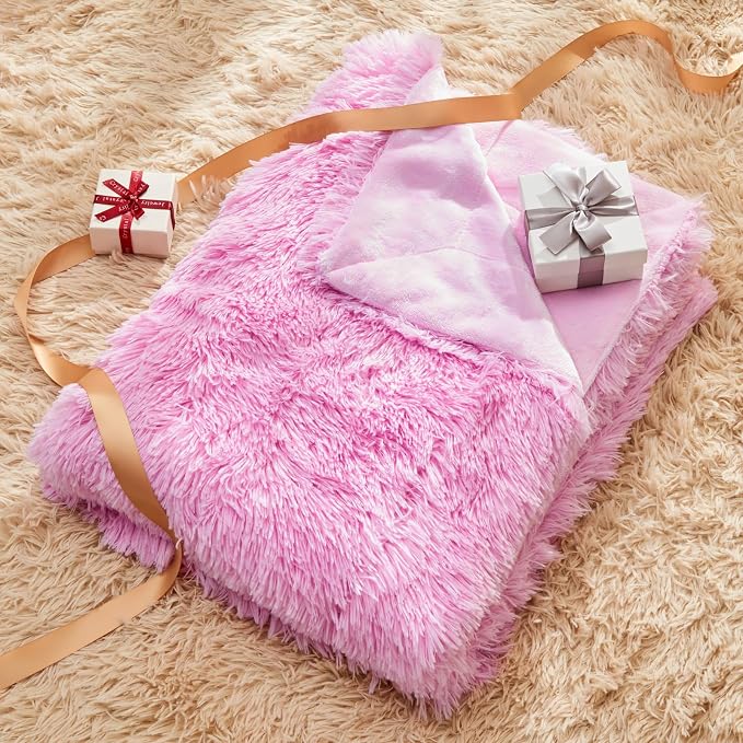 GONAAP Fuzzy Faux Fur Queen Blanket for Couch, Light Pink, 90"x90" | Warm Cozy Plush Shaggy Decorative Reversible Thick Non-Heated Fleece Blanket for Sofa Bed, Gift for Women Men, All Season Use