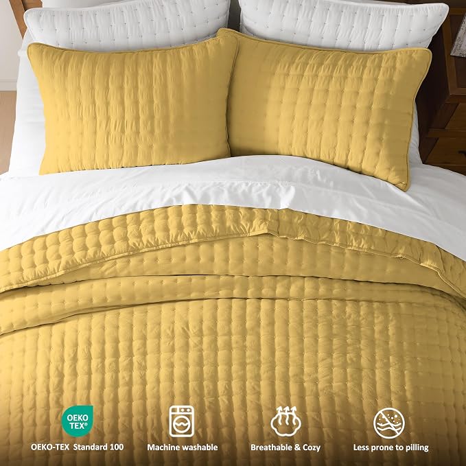 WDCOZY Queen Size Quilts Bedding Sets with 2 Pillow Shams, Lightweight Soft Bedspread Coverlet, Quilted Blanket Thin Comforter Bed Cover for All Season, 3 Pieces, 90x90 inches, Yellow
