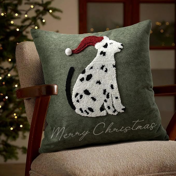 Cute Spotted Dog Christmas Pillow Covers 18x18, Embroidered Christmas Throw Pillow Covers Christmas Decorations Holiday Pillows for Home Couch, Green White/Black Velvet Cushion