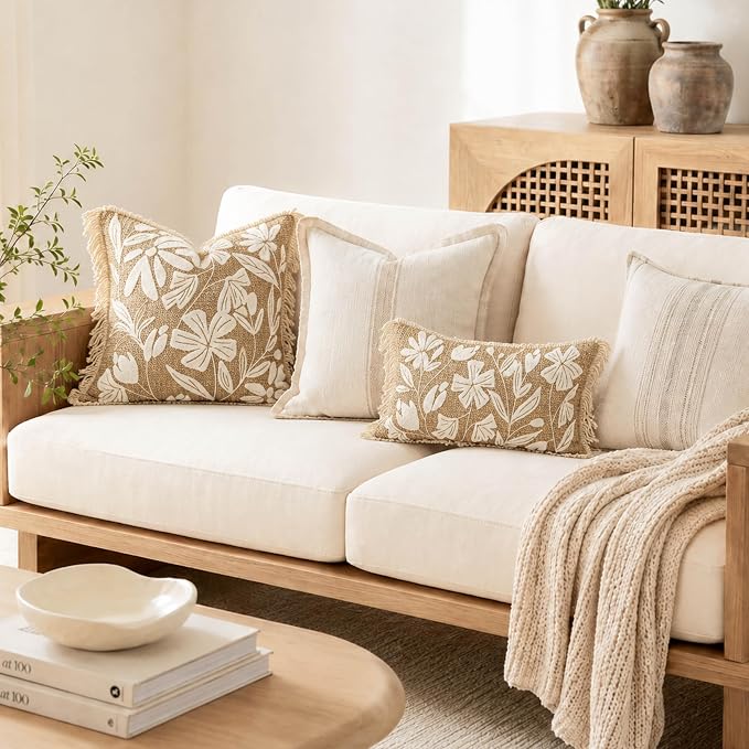 BlissBlush Throw Pillow Cover 20x20 Inch Indoor Outdoor, Jute-Look Floral Tufted Decorative Accent Pillow Case for Patio Sofa Couch Living Room, Cover Only
