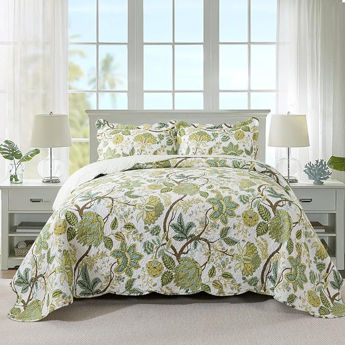 Travan 3-Piece Quilt Set Quilted Bedspread Cotton Coverlet Set Floral Oversized Quilted Bedding Set for All Season, White Vine, Queen Size