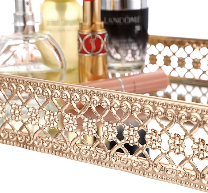 ELLDOO Gold Mirror Glass Perfume & Makeup Vanity Tray, Large Size