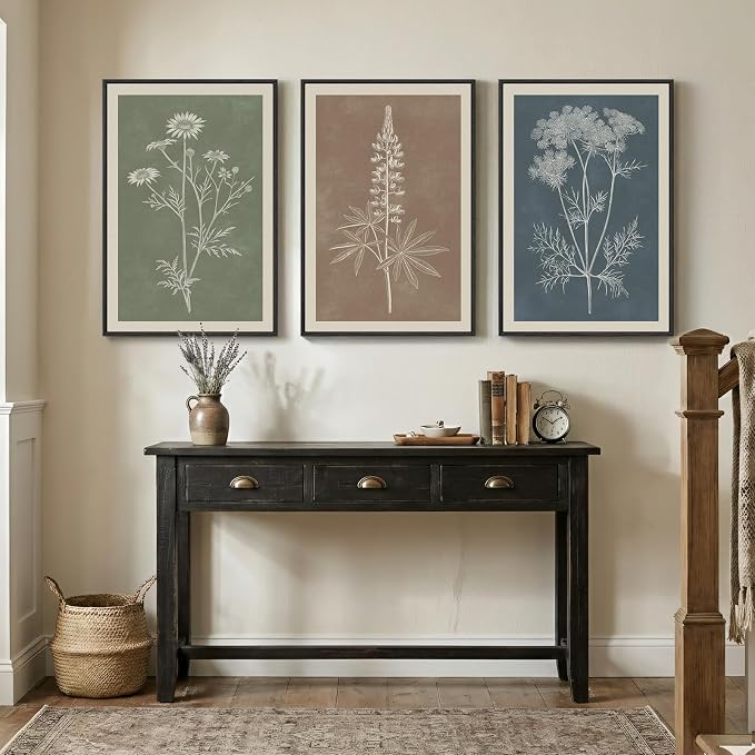 Large Framed Boho Botanical Wall Art for Living Room, 3 Piece Vintage Neutral Floral Canvas Painting Prints, Rustic Minimalist Flower Plants Pictures for Farmhouse Bedroom Office Wall Decor, 24x36 In