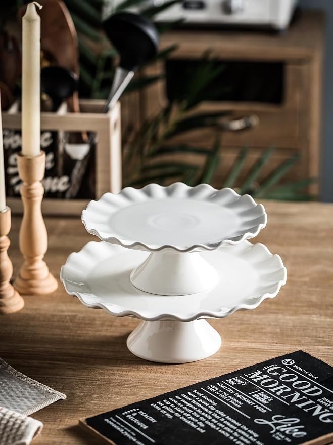 White Cake Stand for 8 Inch Cake, 10 Inch Cake Stands for Tea Party | Porcelain Round Dessert Stand, Small Cake Plate Cupcake Stand for Dessert Table Display, Farmhouse Kitchen Decor, Ruffle Trim