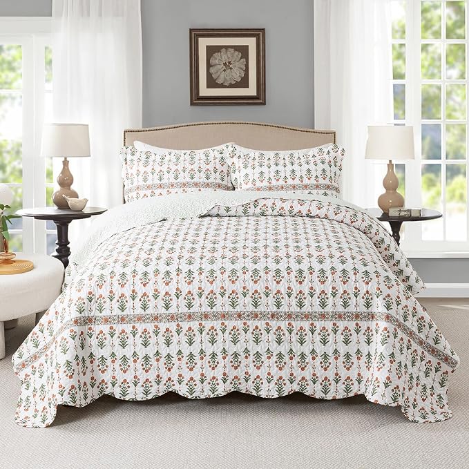 Travan 3-Piece Quilt Set Quilted Bedspread Lightweight Coverlet Set Garden Style Floral Printed Oversized Quilted Bedding Set for All Season, Orange Mirror, Queen Size