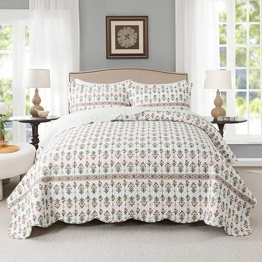 Travan 3-Piece Quilt Set Quilted Bedspread Lightweight Coverlet Set Garden Style Floral Printed Oversized Quilted Bedding Set for All Season, Orange Mirror, Queen Size