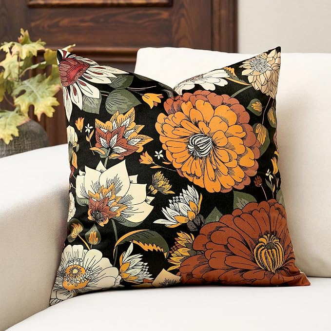 Tyrot Black Boho Floral Fall Velvet Throw Pillow Covers 16x16 Inch Set of 2 Farmhouse Cushion Covers Mid Century Modern Botanical Home Decor Pillow Cases for Couch Bed Sofa Living Room, Bedroom