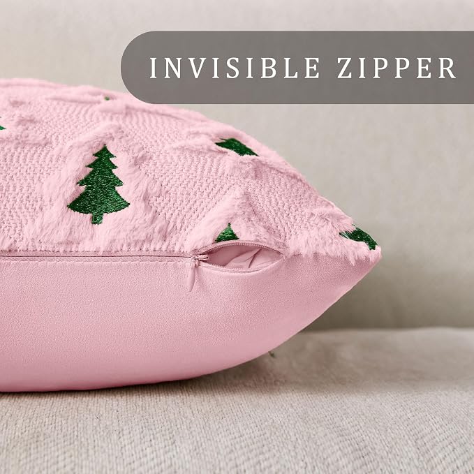 Allorry Christmas Pillow Covers 20x20 Set of 2 Pink Green Double Xmas Tree Pillow Covers Soft Plush Faux Fur Christmas Decorations for Xmas Winter Holiday Home Bedroom Sofa Cushion Cases PT-008F20