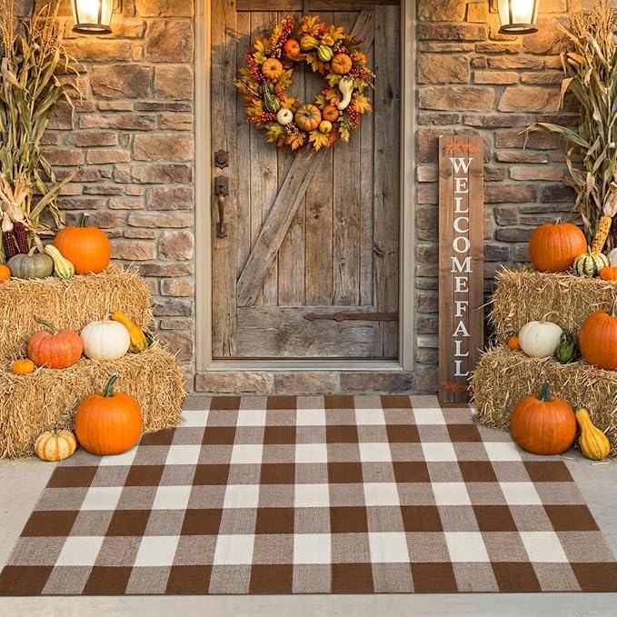 SEEKSEE Buffalo Plaid Outdoor Rug 3' x 5' Coffee and White Front Door Mat, Layering Rug for Porch, Fall Doormat, Front Porch Rug for Outdoor Entrance Entryway Patio Porch Decor