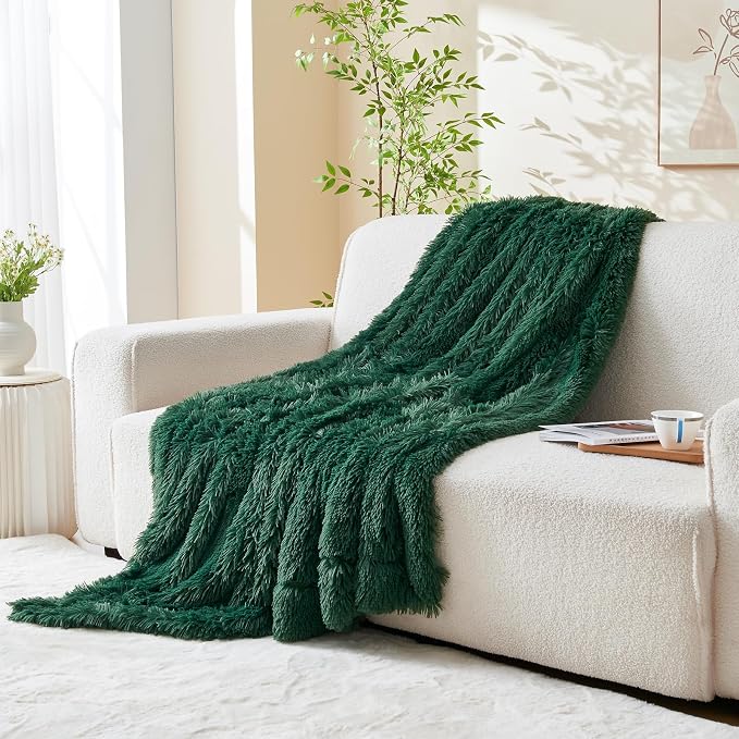 GONAAP Fuzzy Faux Fur Throw Blanket for Couch, Dark Green, 50"x60" | Warm Cozy Plush Shaggy Decorative Reversible Thick Non-Heated Fleece Blanket for Sofa Bed, Gift for Women Men, All Season Use