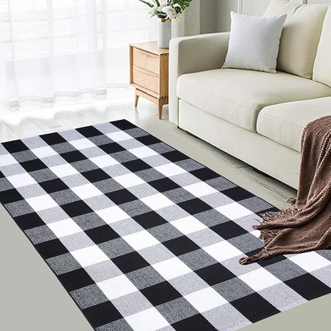 Buffalo Plaid Area Rug 3x5 Ft, Black White Indoor Outdoor Rug | Cotton Blend, Black White Checkered, Machine Washable, Layering Rug, Front Porch Entryway