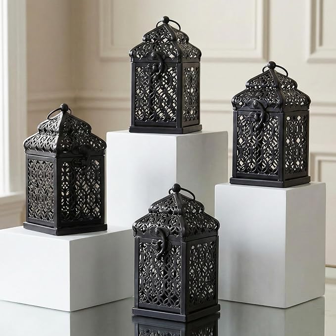VELA LANTERNS Mini Tower Temple Moroccan Lantern Lamp Decorative Candle Holders for Ramadan Decorations, Hanging, Outdoor Patio or Porch, Indoor Home Decor, Black, Set of 4