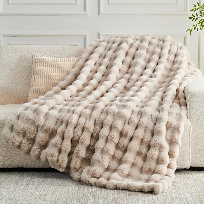 NEWCOSPLAY Faux Fur Thick Bubble Twin Blanket for Couch, Linen, 60"x80" | Luxury Fluffy Thick Warm Bubble Blanket for Couch Sofa Bed 1000GSM, Soft Plush Cozy Decorative Throw, Gift for Women Men
