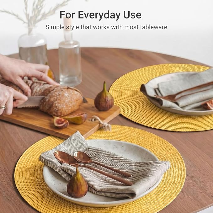 FunWheat Round Braided Placemats Set of 8 Place Mats for Dining Table Woven Washable Non-Slip Table Mats 15 Inch(Yellow,8pcs)