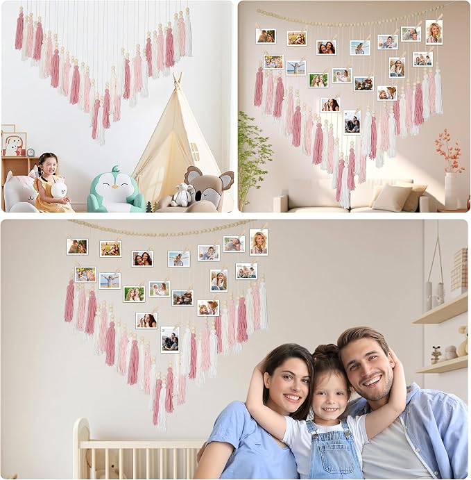 Macrame Hanging Photo Display Wall Decor, Macrame Photo Wall Hanging Boho Room Bedroom Wooden Beads Garland Picture Holder Photo Display Cilp with 30 Clip