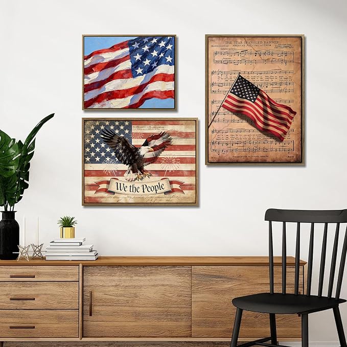 American Flag Framed Canvas Wall Art, 4th of July Patriotic Canvas Prints | Sheet Music Poster Print, Vintage Independence Day Wall Decor for Bedroom Living Room Office 16×20in