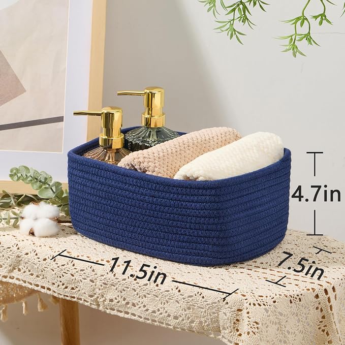 MiniArk Small Storage Baskets for Organizing | Closet Organizer Bins | Shelf Toy Basket | Woven Rope Baskets | Cube Decorative Box | Shallow Basket | 11.5x7.5x4.7” | 3 Packs Navy Blue